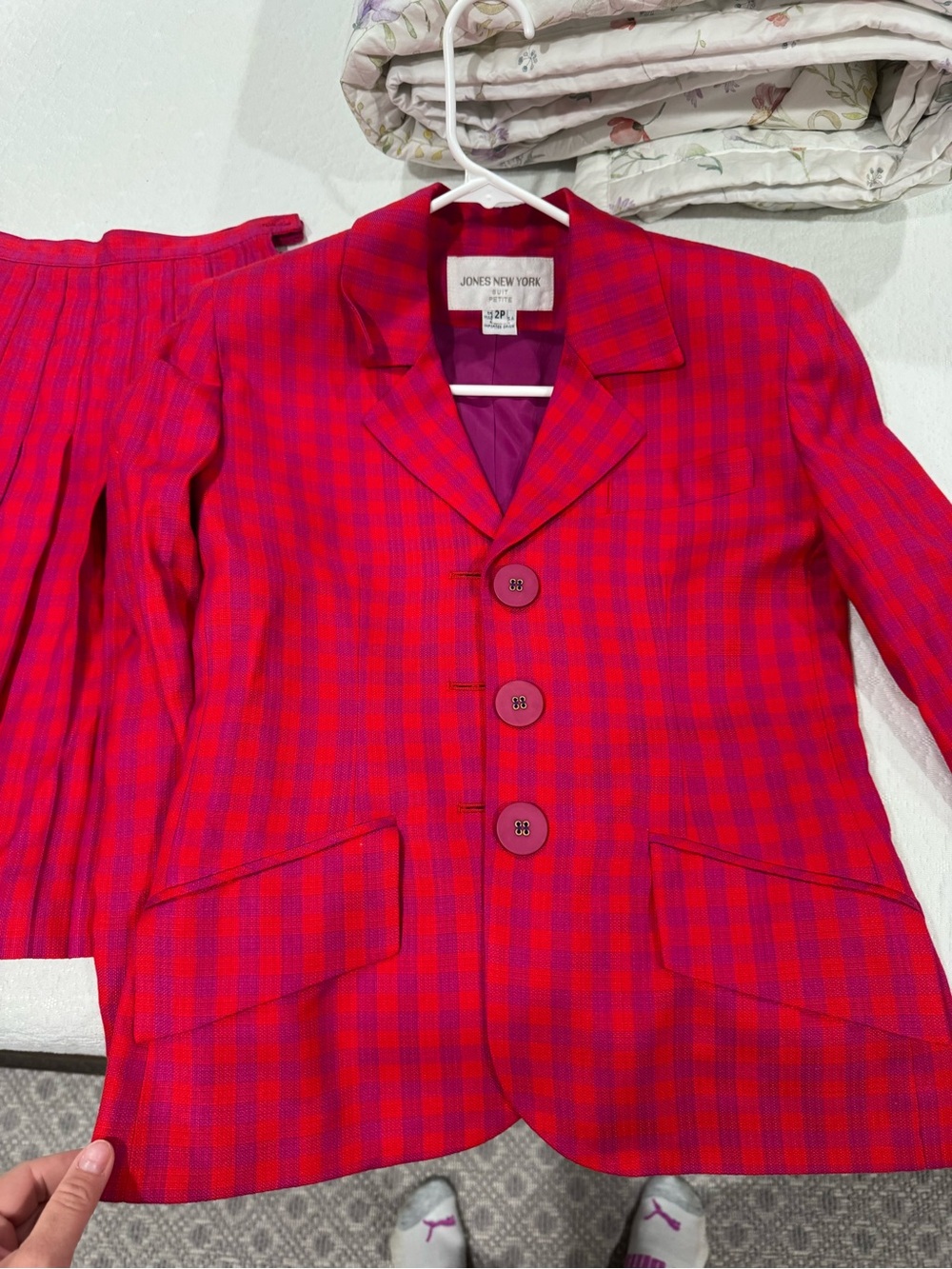 Jones New York Bright Red and Pink Plaid Blazer